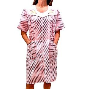 - Pink Polka Dot Floral Embroidered House Dress SZ XL! NEW!